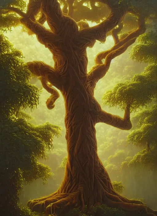 Image similar to ayahuma tree looking like an ent with brown round fruits, god rays at the top, art by christophe vacher