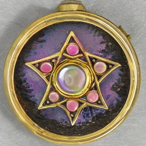 Prompt: a photo of the lid of a circular, pink cloisonné vintage powder compact with an inlaid gold pentagram that has a different colored gem at each point and a large, round cabochon in the middle encircled by a gold crescent moon inlay.