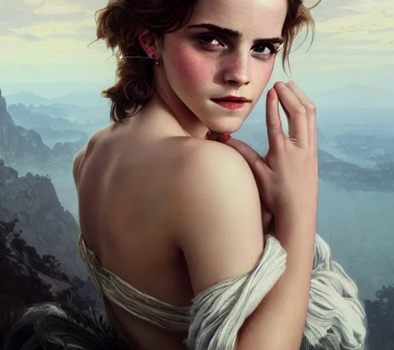 Image similar to photography of emma watson with hands - up and hairy armpits, deep focus, intricate, elegant, highly detailed, digital painting, artstation, concept art, matte, sharp focus, illustration, art by artgerm and greg rutkowski and alphonse mucha and gil elvgren