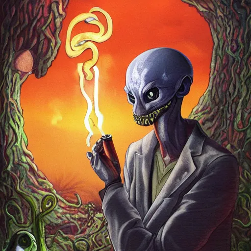 Image similar to A centered chest up portrait of a psychedelic demonic anthropomorphic snake smoking a hand-rolled cigarette smoking heavily , magic mushroom village in background , award winning. superb resolution. in the art style of junji Ito and greg rutkowski . Detailed Mushroom city in background. Hyper realistic anime. Perfect art. Dalle2