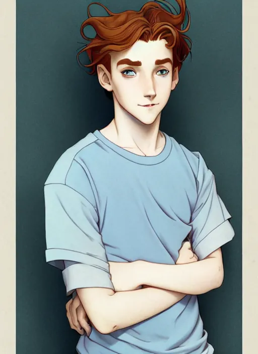 Image similar to art nouveau portrait of a teen boy with completely straight auburn hair, light blue eyes, pale skin, freckles, sad expression, t - shirt, modern casual clothing, natural lighting, path traced, highly detailed, high quality, cartoon, digital painting, by don bluth and ross tran and studio ghibli and alphonse mucha