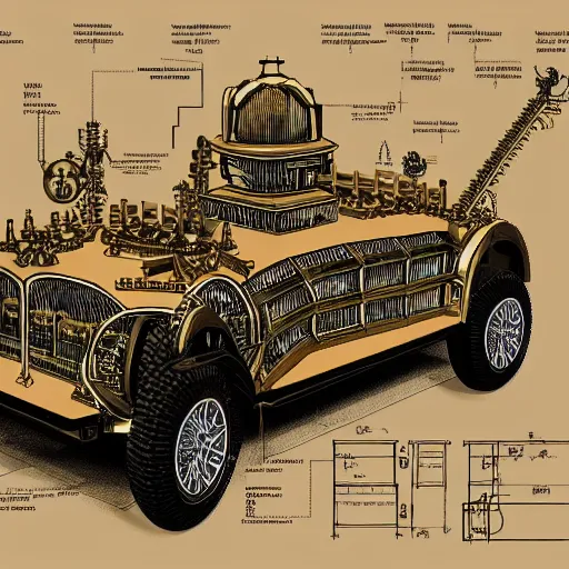 Image similar to detailed schematics of steampunk version of micheline colonial # zm 5 1 4 vehicle, steampunk, detailed,