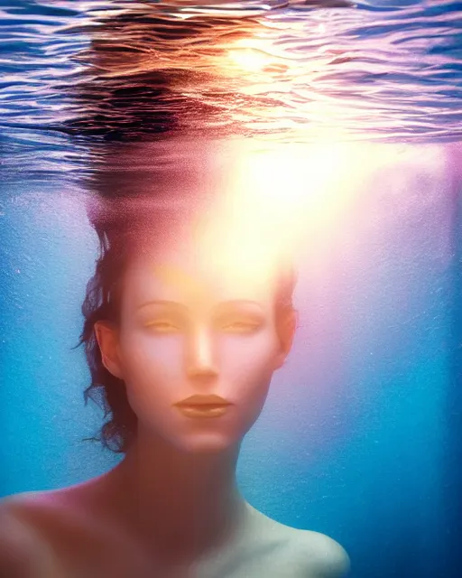 Prompt: photo portrait of woman underwater during sunrise, sunrays, wearing flowing fabric!!, caustics, rippling water, photoshoot, flowing hair, haunting, iconic, fine-art, masterpiece, trending on artstation