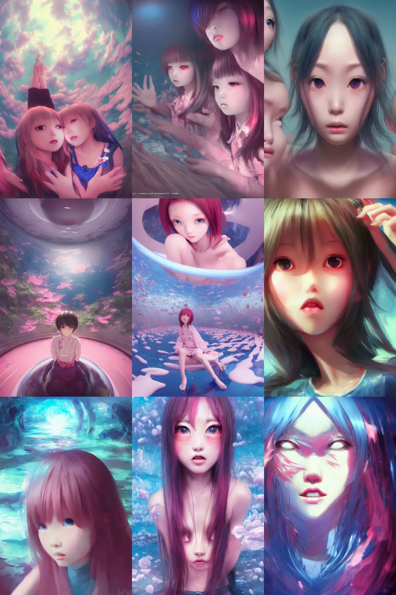 Prompt: 3d dark infrared octane render fisheye lens concept art by D. Jun, by Mo Xiang Tong Xiu, by Igarashi Daisuke, beauty portrait anime schoolgirls under dark pink and blue water. cute face. complex mirror room. dramatic light, trending on artstation.