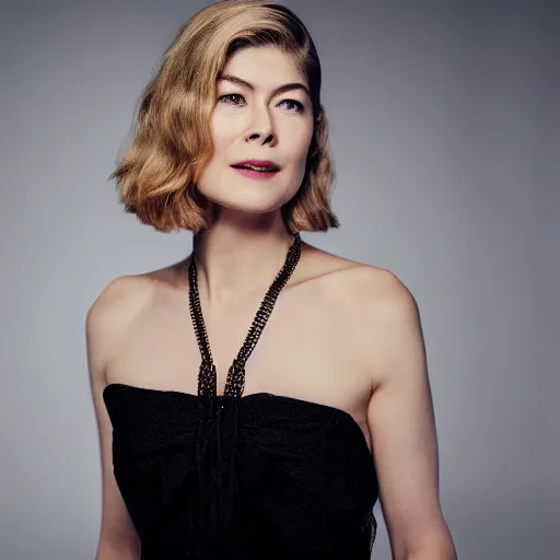 Image similar to rosamund pike wearing black robe and golden necklace cinematic photoshoot high quality highly affordable photo realistic 8 k hd