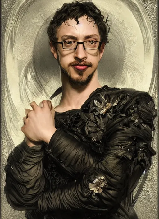 Prompt: portrait of Sam Hyde, medium black hair, Nordic crown, black suit, fantasy, intricate, elegant, realistic, highly detailed, digital painting, artstation, concept art, smooth, sharp focus, illustration, art by artgerm and greg rutkowski and alphonse mucha