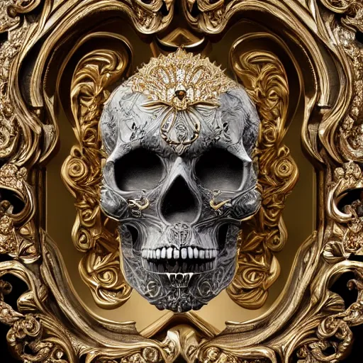 Image similar to a portrait of a beautiful ornate and intricate rococo skull with silver and gold details and diamonds inside a rococo frame, 4k, octane render, vray, unreal engine, photorealistic