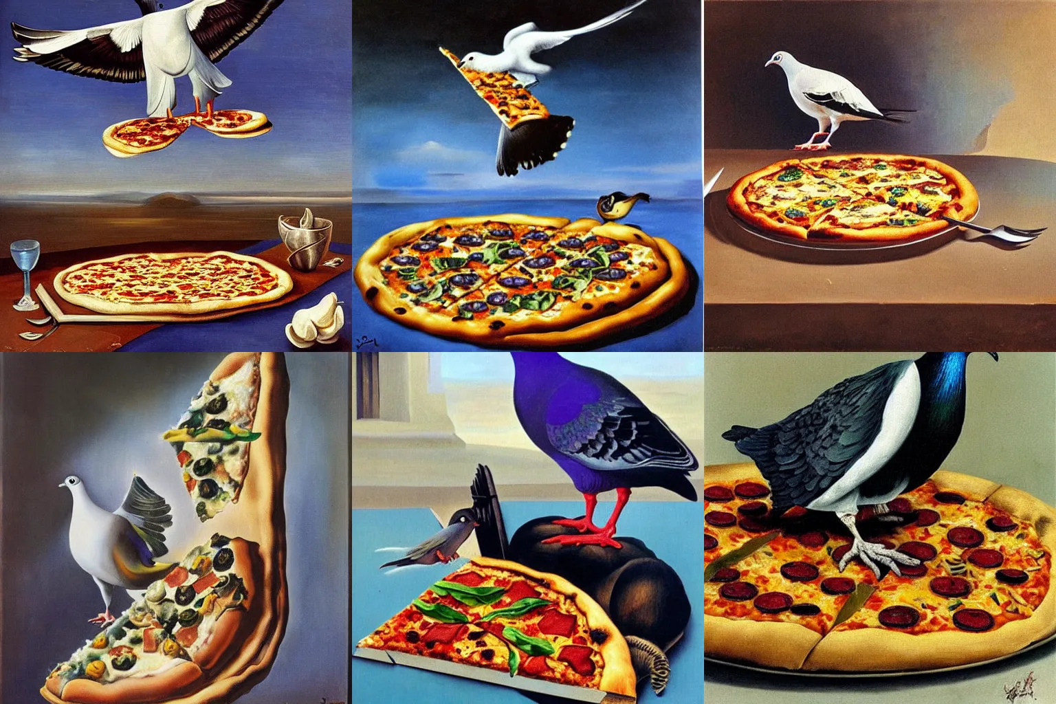 Prompt: a pigeon eating a pizza with its wings, oil painting by salvador dali