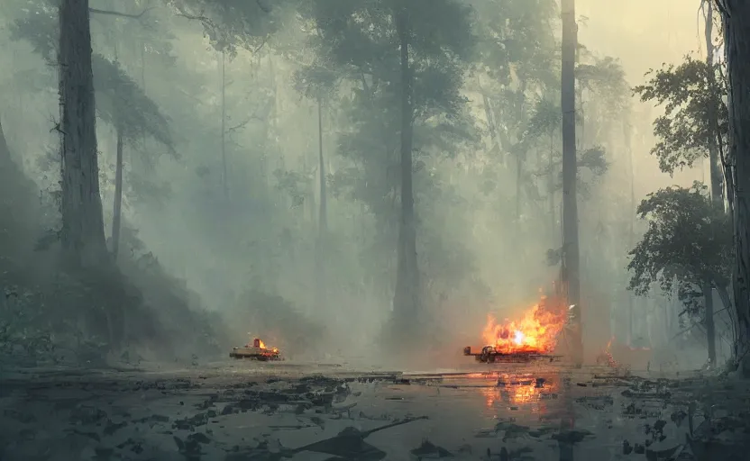 Image similar to one single fighter design spaceship on fire crashed on the ground, on the ground, smoke, smoke, cloudy air, forest, swamp. Atmospheric lighting, overgrowth. By Makoto Shinkai, Stanley Artgerm Lau, WLOP, Rossdraws, James Jean, Andrei Riabovitchev, Marc Simonetti, krenz cushart, Sakimichan, trending on ArtStation, digital art.