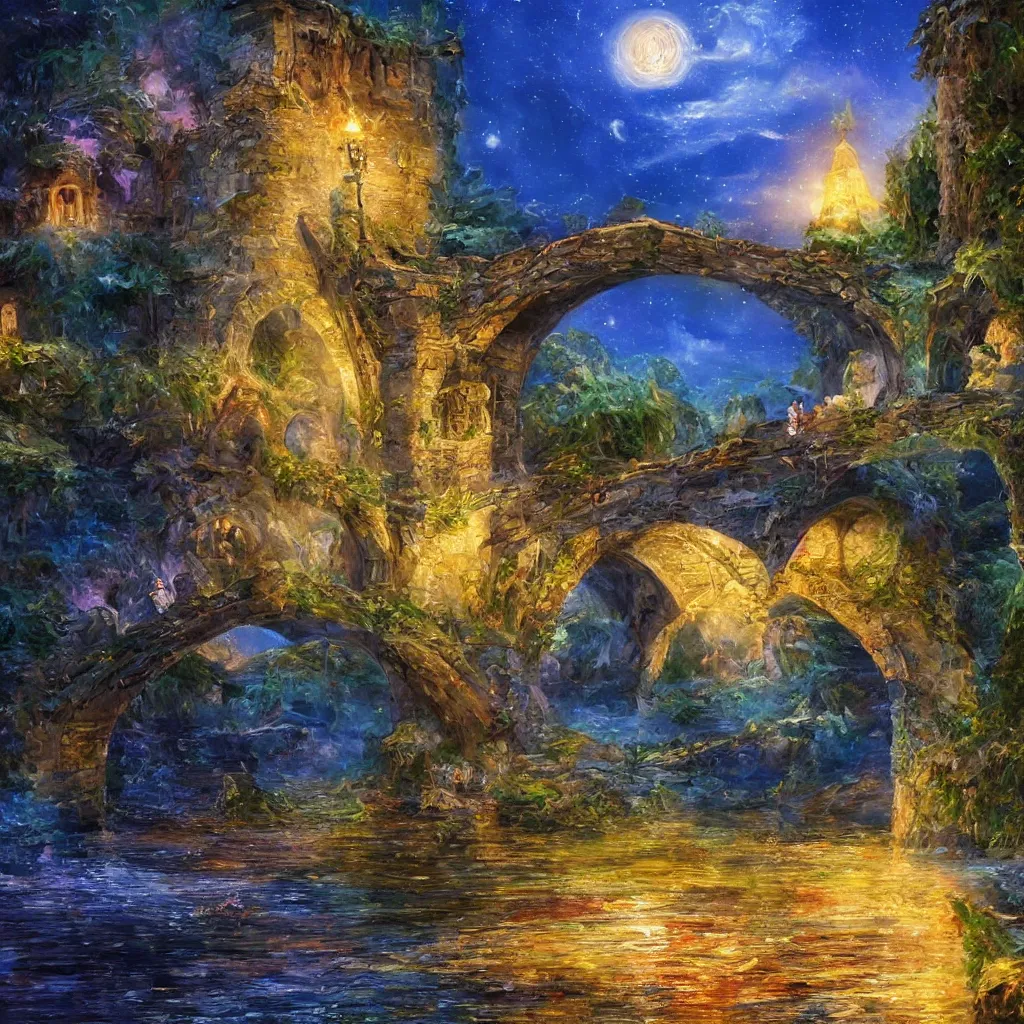 Image similar to 3 d high relief painting of fairyland bridge, outside of time and space, dreamy, romantic, night lighting, expressive impressionist style, highly detailed, 8 k