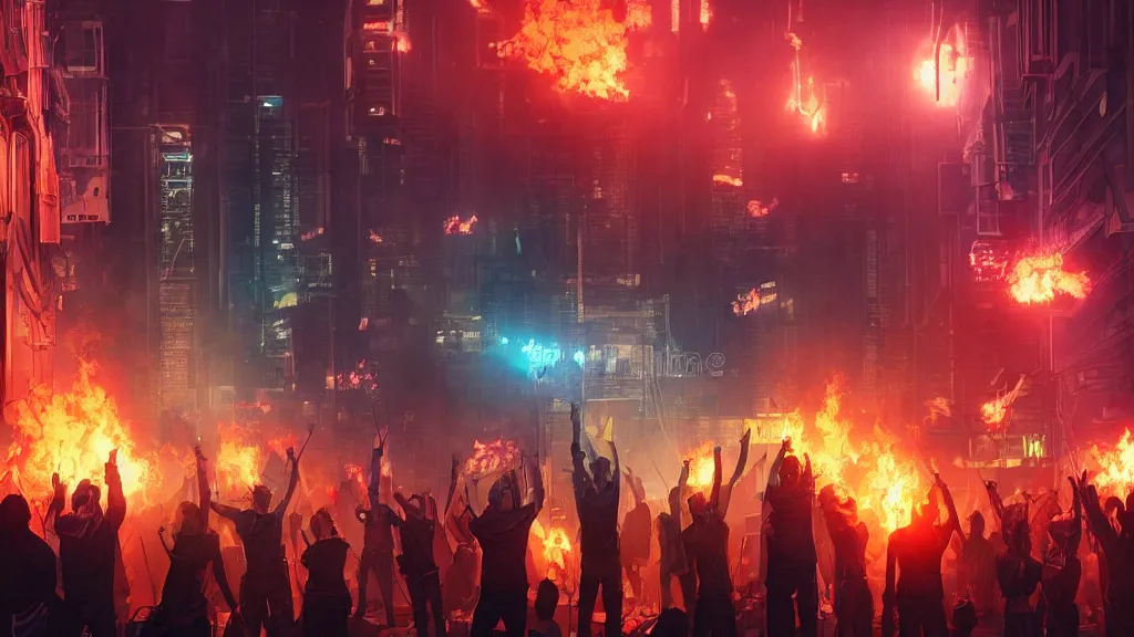 Prompt: angry protesters holding placards, digital illustration by greg rutkowski, fire, android netrunner, nighttime, cyberpunk city background, colored lighting