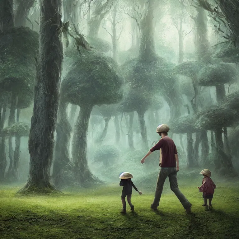 Image similar to a painting of a man and a child walking through a huge mushroom forest, a detailed matte painting by julian allen, cgsociety, fantasy art, matte painting, concept art, daz 3 d