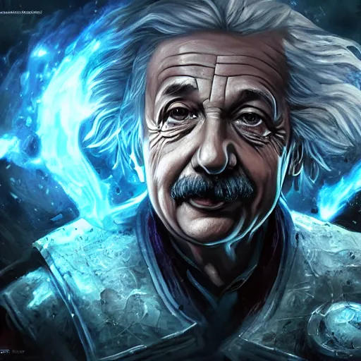 Image similar to portrait of albert einstein as a spellcaster, league of legends amazing splashscreen artwork, gears of war, splash art, natural light, elegant, photorealistic facial features, intricate, fantasy, detailed face, atmospheric lighting, anamorphic lens flare, cinematic lighting, league of legends splash art, hd wallpaper, ultra high details by greg rutkowski