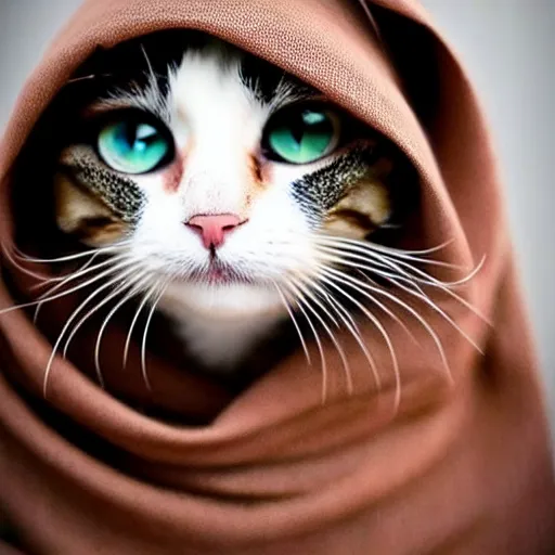 Prompt: !!! brown eyed!!! cute cat! wearing hijab!, brown eyes, beautiful, portrait, focused