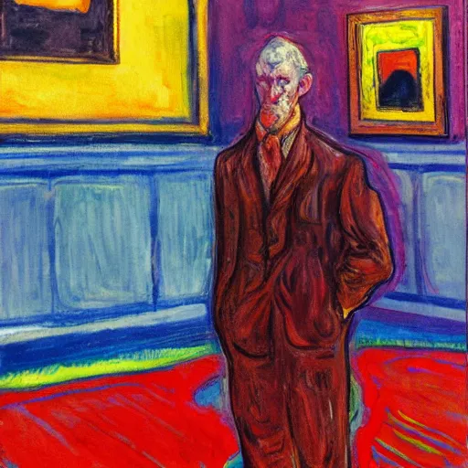 Prompt: a painting of a person standing in front of a painting, a fine art painting by munch, reddit, neo - expressionism, academic art, fauvism, art