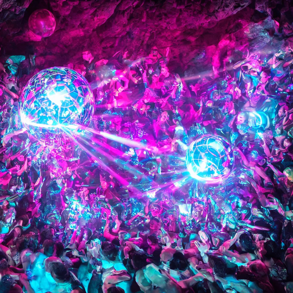 Image similar to cinematic shot of a goth disco nightclub in a cave, sphere made of holographic knives!!! with pink lasers and blue crystals, brutal weapon iconography!!! goth people dancing, 8 k photograph