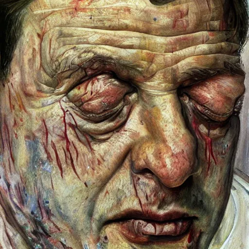 Image similar to high quality high detail painting by lucian freud, hd, man crying blood, pastel colors, photorealistic lighting