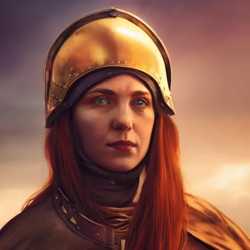 Prompt: subject is a medieval woman ship pilot with long side part hair and wearing breastplate, close portrait of subject is on a ship and looking to dramatic golden neon sunset with wall of storm clouds, dynamic lighting, hyperrealistic, hd 4 k, artstation