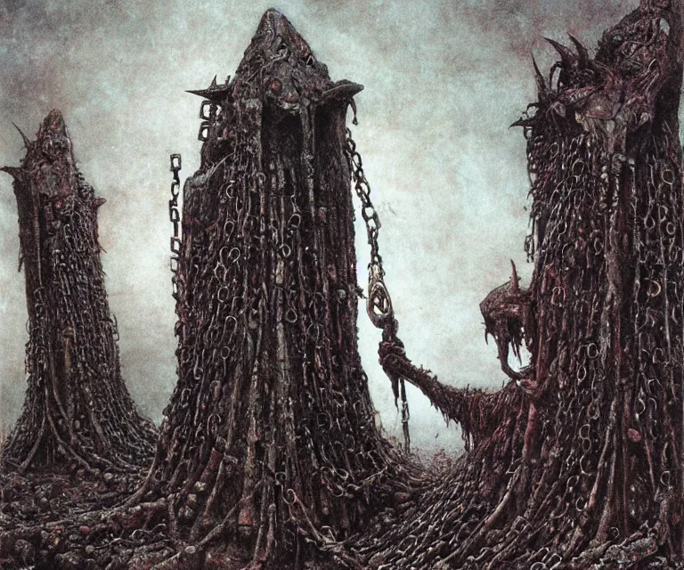 Prompt: Ancient blood-leaking cultic ritual obelisk made of horns and thorns, bloody chunks of flesh and steel chains by Beksinski, Arthur Rackham, Eugene de Blaas, Dariusz Zawadzki, Wayne Barlowe