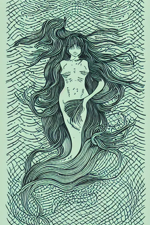 Prompt: portrait of a mermaid in kelp by MCBESS, colour print