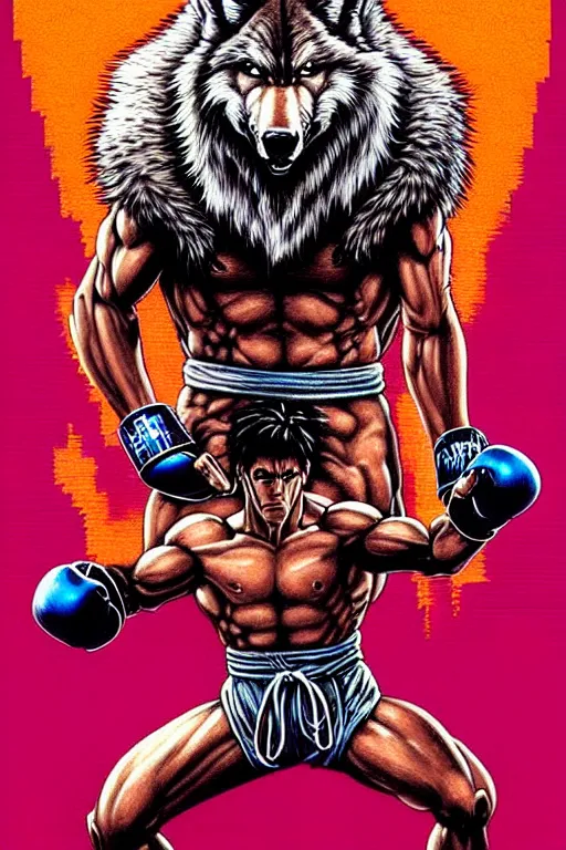 Prompt: extreme long shot. 8 bit nes graphics. antropomorphic muscular masculine wolf. kickboxer fighter, in shorts. wolf head. fine details, very sharp, art from nes game cartridge, 8 0's, vhs artefacts, vaporwave style, marc simonetti and hermann nitsch. kung fury movie