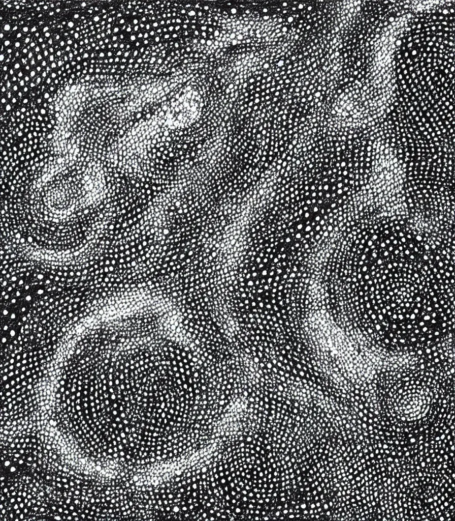 Image similar to a painting of two black, symmetrical, spiral galaxies, pointilism, rough charcoal sketch, black dots