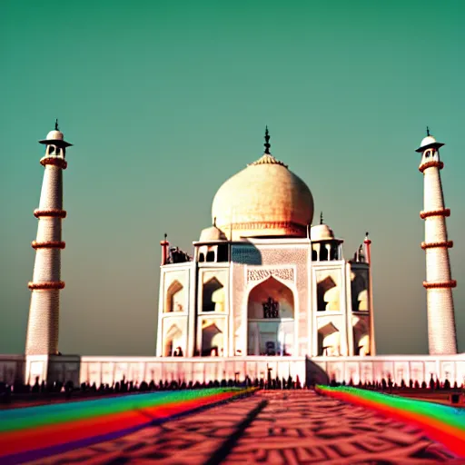 Image similar to photo of gay pride at ( ( ( ( taj mahal ) ) ) ), cinematic color grading, soft light, faded colors, well framed, sharp focus, 8 k