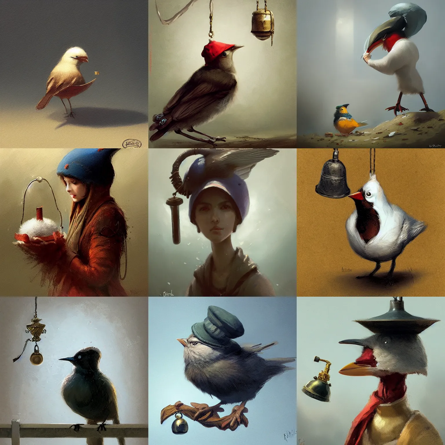 Prompt: bird with a bell hat, greg rutkowski