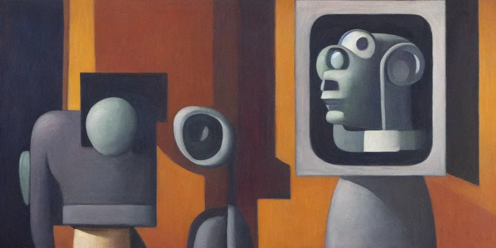 Image similar to sad robot portrait, visage, expressive, grant wood, pj crook, edward hopper, oil on canvas