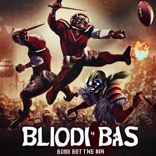 Image similar to blood bowl game poster, elves playing versus humans, intense game, nfl style, high quality, in style of tarantino