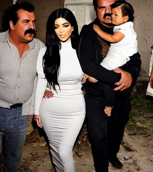 Prompt: Pablo Escobar hugging kim kardashian & kylie Jenner in a derelict mafia mansion