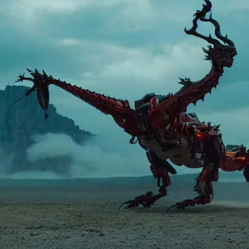 Prompt: cinematic still of westworld, a full body red stunning intricate si - fi robotic fantasy dragon, well armored mech dragon, highly detailed