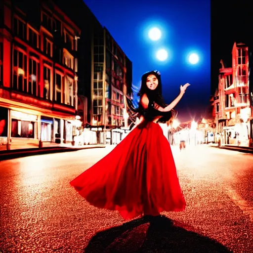 Image similar to princess dancing in the street during the night with a blue and red moon shining on the city, blue and warm lights, radiant light