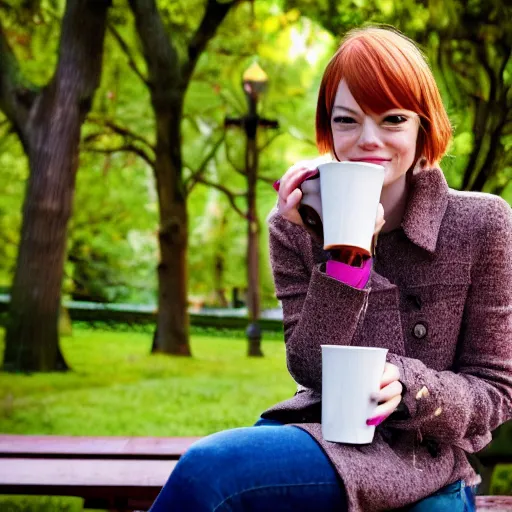 Prompt: Emma Stone sitting on a bench and drinking coffee in a park filled with trees, sharp focus, highly detailed, 4K, colorful, portrait photography, medium shot