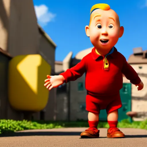 Image similar to tin tin, depicted as a pixar character, high quality cg render, 4 k