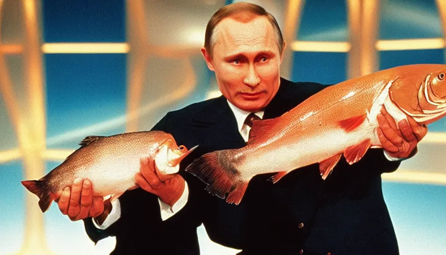 Prompt: 7 0 s movie still of putin in game show, proudly holding a salmon. cinestill 8 0 0 t _ 3 5 mm eastmancolor, heavy grain, high quality, high detail