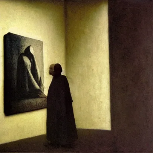 Image similar to the last man on earth, charcoal painted by johannes vermeer