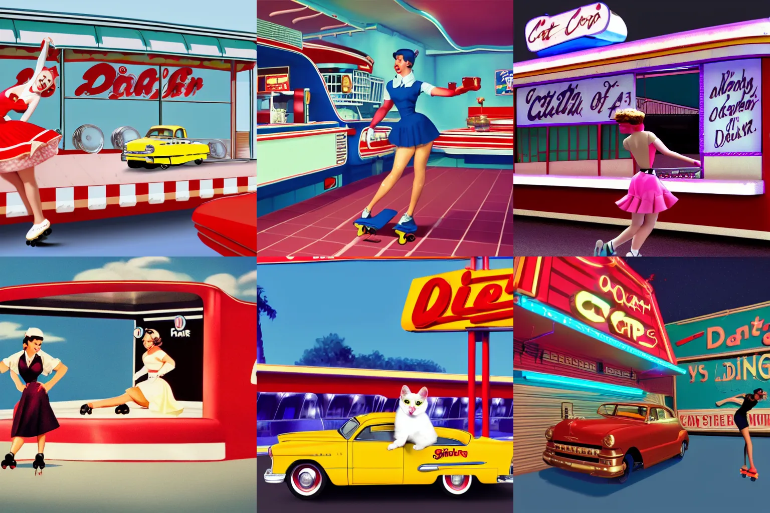 Prompt: cat as a 1950s roller skating carhop at a drive-in diner, trending on artstation, 4k