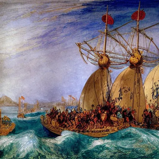 Prompt: a vibrant painting of the ming dynasty treasure fleet by william turner, detailed, art, 1 8 2 4, british museum, colorful, beautiful