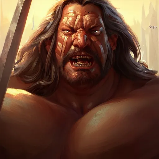 Image similar to richard herring is an incredibly muscular barbarian king looking at you with anger from his throne, highly detailed, digital painting, artstation, sharp focus, illustration, art by artgerm and irakli nadar and greg rutkowski and alphonse mucha