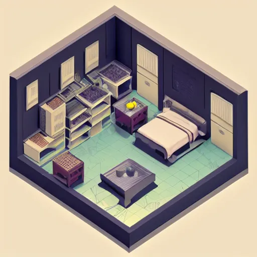 Prompt: isometric room 3 d model, realistic, detailed, crowded, neat