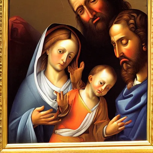 Image similar to a very detailed oil painting of the Holy Family, very detailed faces, showing Mary, Saint Joseph and Jesus, By Andrea Vaccaro