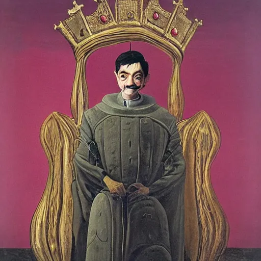 Image similar to A portrait of Mr. Bean depicted as a medieval king, sitting on a throne, oil painting by Salvador Dali