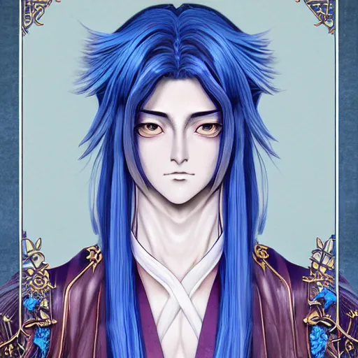 Image similar to an immortal xianxia cultivator with long blue hair as an absurdly handsome, elegant, young anime man, ultrafine hyperrealistic detailed face illustration by kim jung gi, irakli nadar, intricate linework, sharp focus, bright colors, matte, gujian, final fantasy, unreal engine highly rendered, global illumination, radiant light, intricate environment