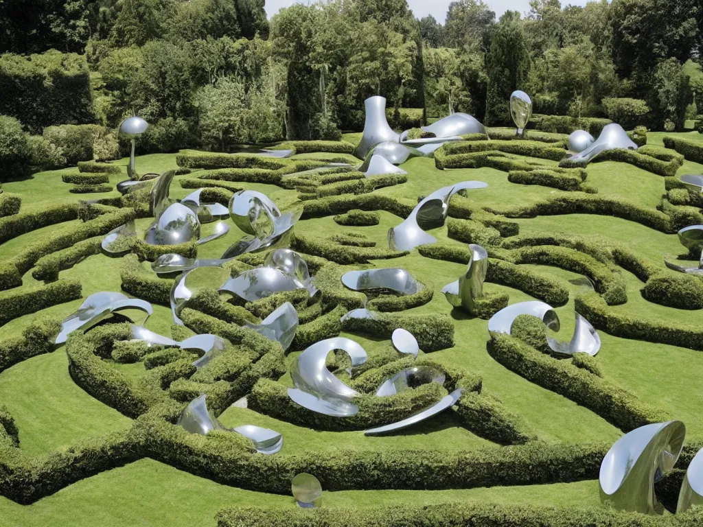 Image similar to giant Italian modern castle formal garden with a modern stainless steel organic shaped modern sculptures with mirror finish by Tony Cragg, photo by Annie Leibovitz