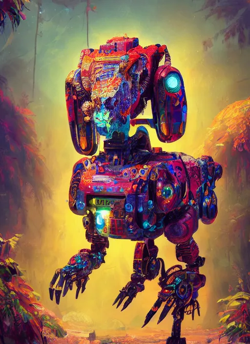 Image similar to detailed full body concept art illustration colorful oil painting of a robotic animal in full intricate colorful clothing, ultra detailed, digital art, octane render, dystopian, zero dawn, 4k