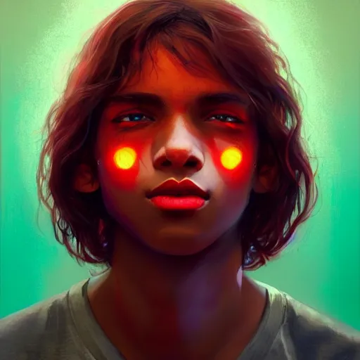 Image similar to colorful and festive captivating teenager with straight brown hair covering his eye, dark skin, big lips, big eyes, wearing a red t - shirt. rich vivid colors, ambient lighting, dynamic lighting, 4 k, atmospheric lighting, painted, intricate, highly detailed by charlie bowater