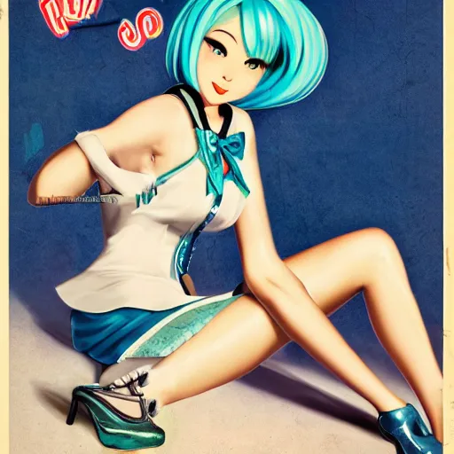 Image similar to Hatsune Miku full body pin up modeling in idol unioform, with a park in the back ground, post war style, detailed face, american postcard art style, by Gil Elvgren