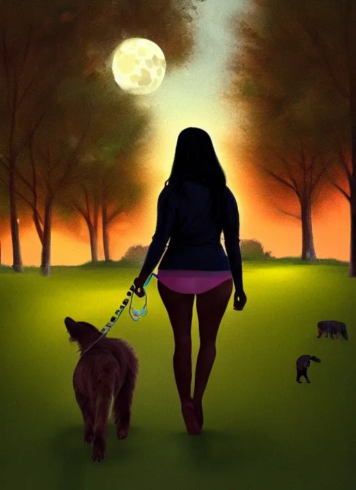 Image similar to young beautiful brown woman walking her dog in a park at night with a full moon, illustration, photoreal, fantasy, trending. masterpiece work of art . oil on canvas. Digitally painted. Realistic. 3D. 8k. UHD.