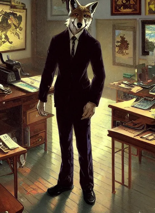 Prompt: beautiful full-body portrait commission of a (male furry!!! anthro!!! coyote fursona!!!) (wearing a white button-down shirt and black slacks) (in a Old-timey Sherriff's office). Atmospheric. Renowned character illustration by greg rutkowski, thomas kindkade, alphonse mucha, loish, norman rockwell. detailed, inked, western comic book art